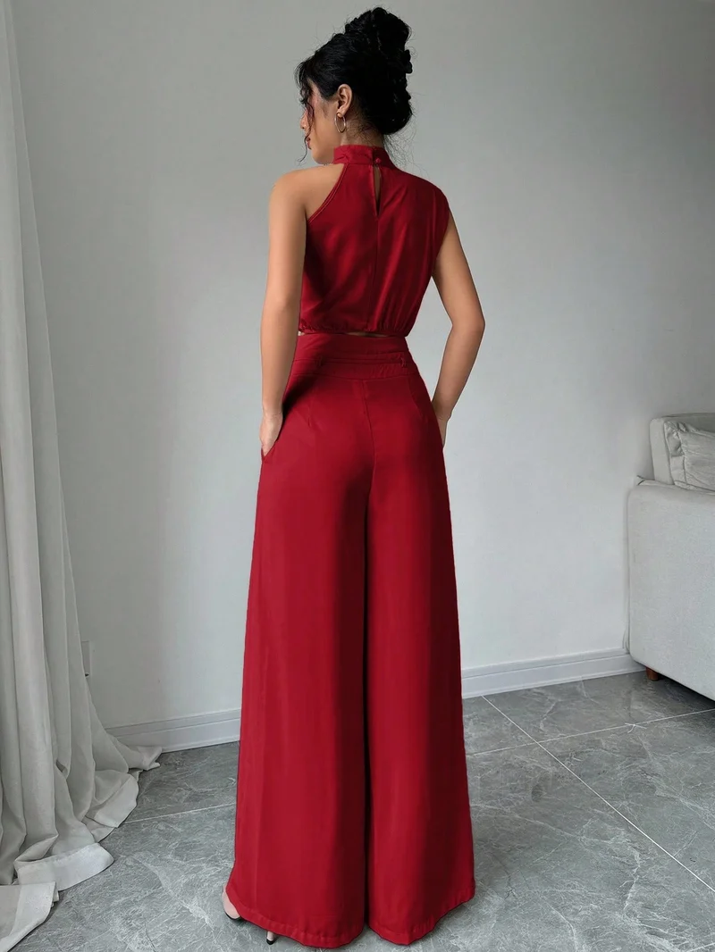 OUTZIDR Red Asymmetrical High Neck Top with Wide Straight Pant Co-Ord Set